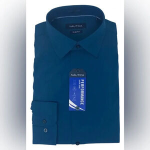 Nautica Slim Fit Solid 4-Way Stretch Dress Shirt, AMAZON BLUE SOLID, Size 15.5